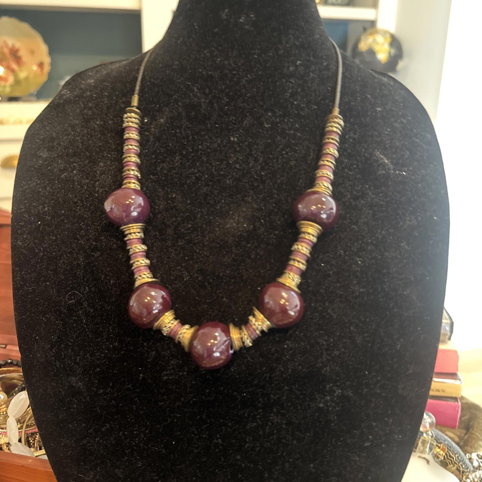 Treska Symmetrical Necklace Chunky Bead Metal Stone Colorful Purple Funky Fun 19$